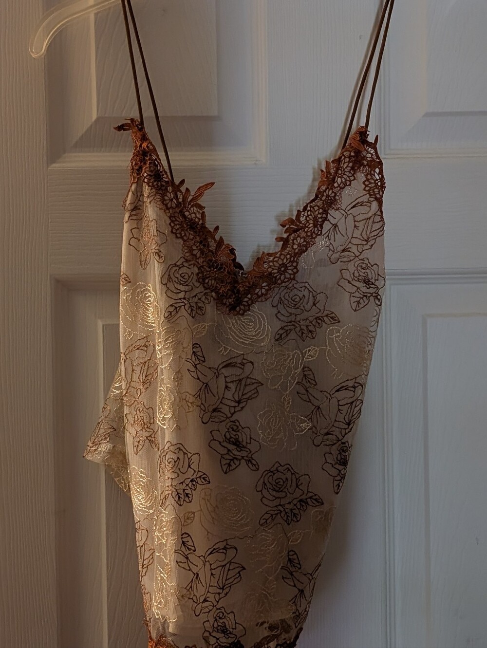 Floral Lace Trim Blouse - Ivory with Brown Lace - Sheer Back